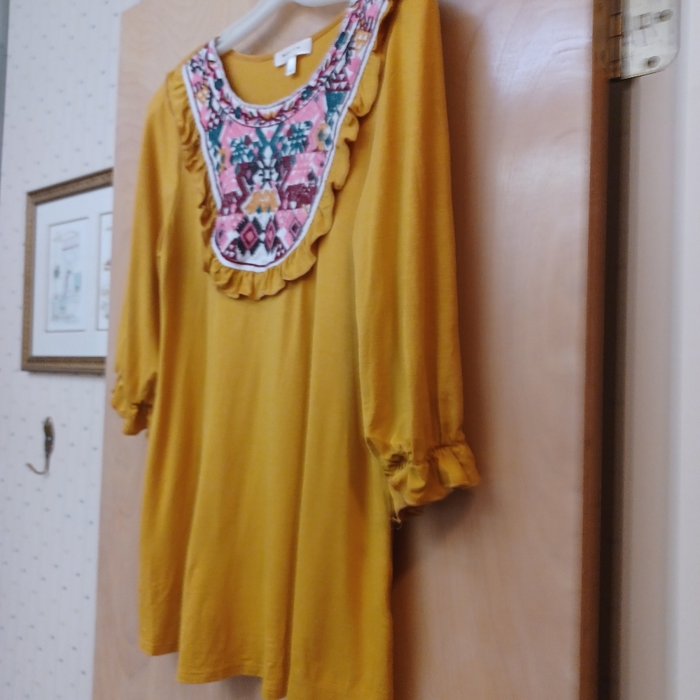 Yellow Boho Ruffle Embroidered Top S Boho Hailey … - image 4